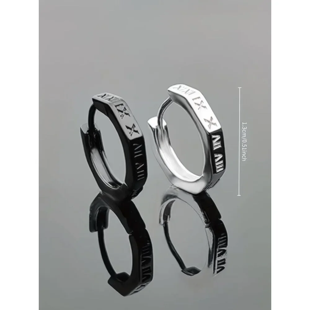 Roman Numeral Stainless Steel Men's Unisex Hoop Earrings